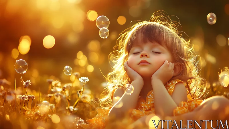 Dreaming Child in Golden Light Wonderland