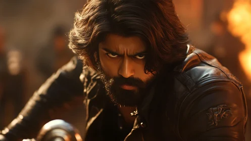 Cinematic close-up of intense rider in leather under warm keylight