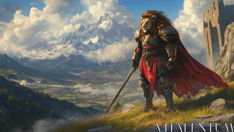 Lionhearted king greets sunrise over sprawling mountain realm