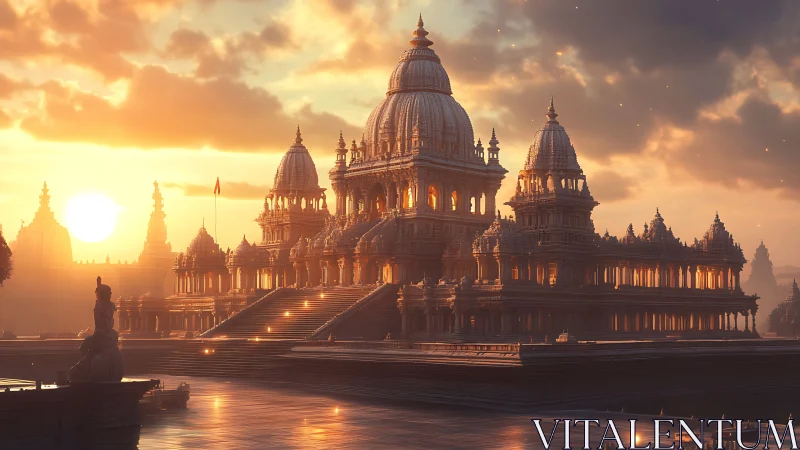 Sunlit domed temple complex in luminous golden haze.