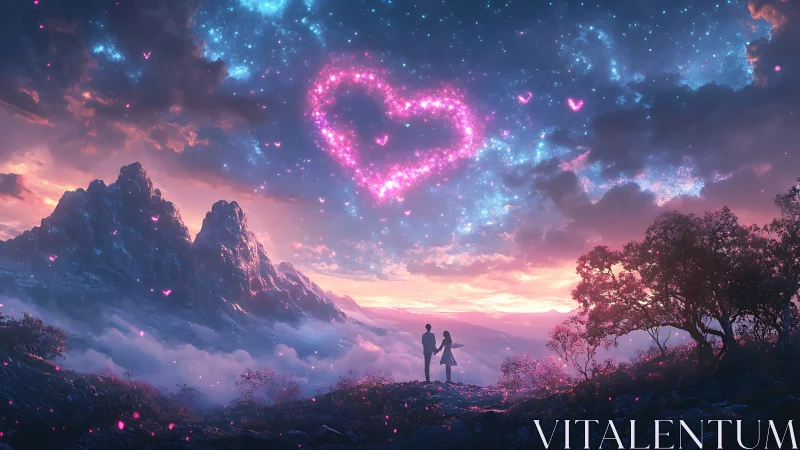 Luminous Heart. Couple Beneath Cosmic Sky.