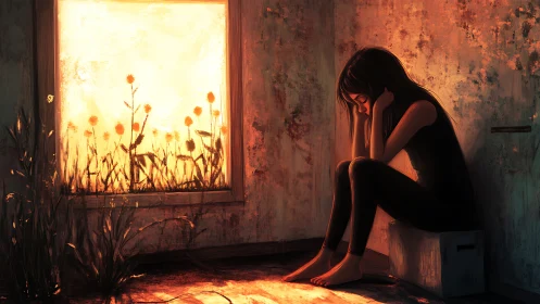 Solitary girl in dim room contrasts bright wildflower window.