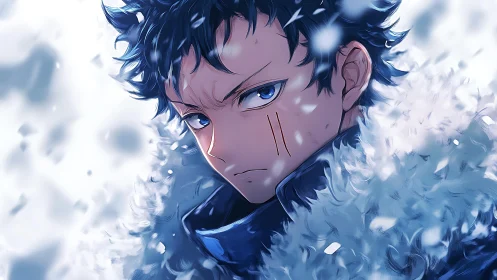 Snow swirling around a determined anime hero’s steady gaze