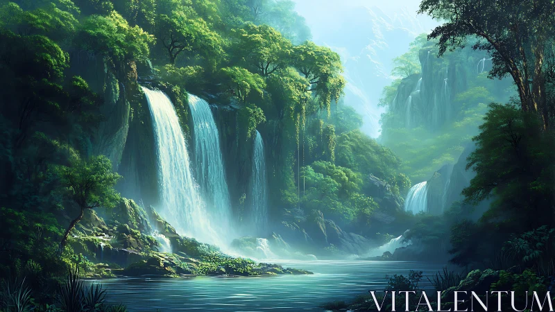 Cascading Waterfall System with Multitier Vertical Drop Architecture in Verdant Canyon