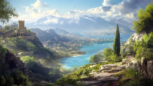 Castle above bright turquoise lake in mountain valley.