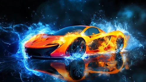 Flame-encapsulated hypercar in aqueous plasma turbulence field.