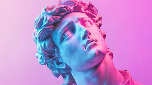 Neon-lit classical bust in duotone gradient lighting study.