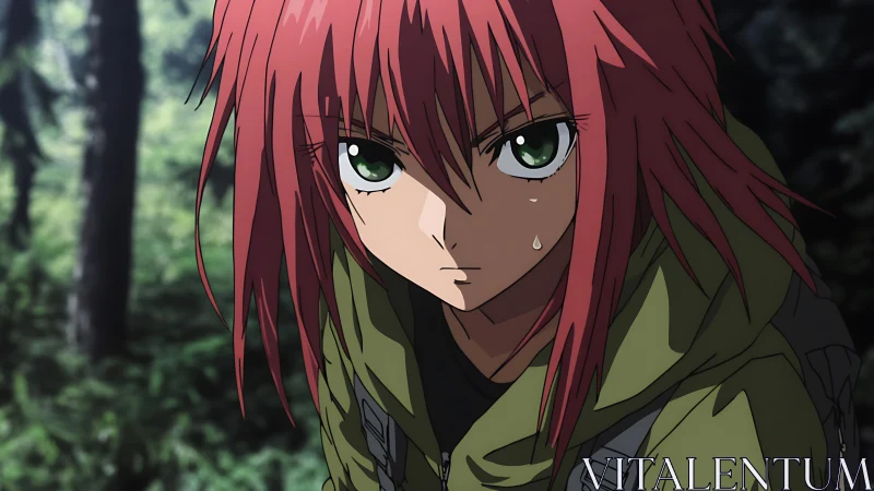 Red haired anime hiker stares forward with tense focus