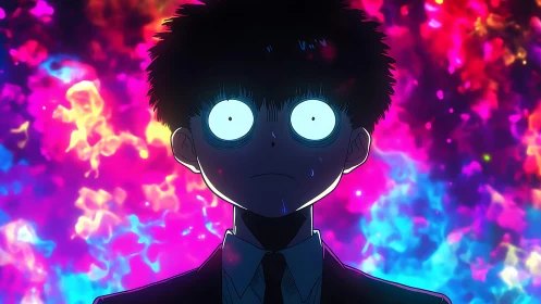 Psychic teen stands before explosive neon spectral aura.