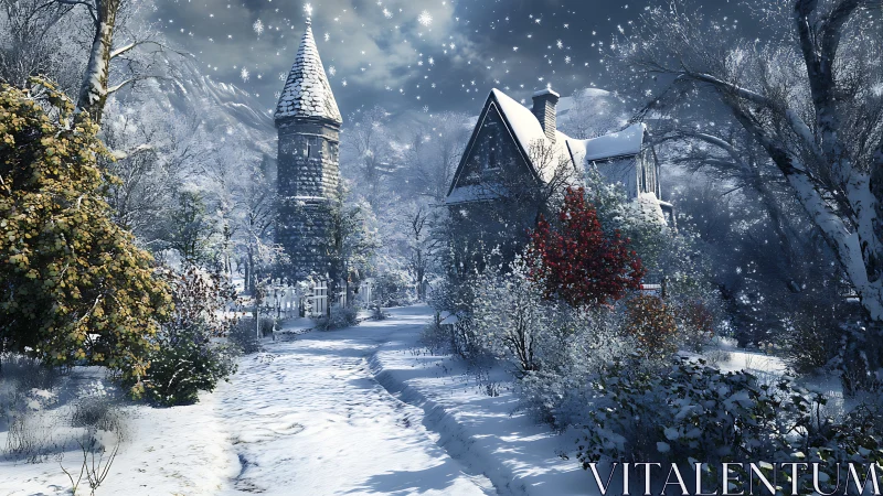 Digital painting of snowy cottage path with stone turret tower.