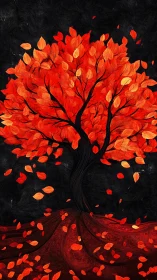 Crimson autumn tree rendered in textured digital brushwork