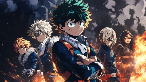 Heroic squad under combustion-cloud sky, anime battle tableau.