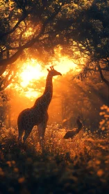 Backlit giraffe silhouette in golden-hour savanna clearing