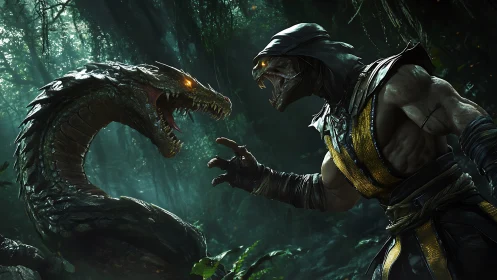 Reptilian warrior confronts fanged serpent in misty jungle
