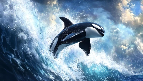 Orca leaping through stormy ocean waves at sunrise.