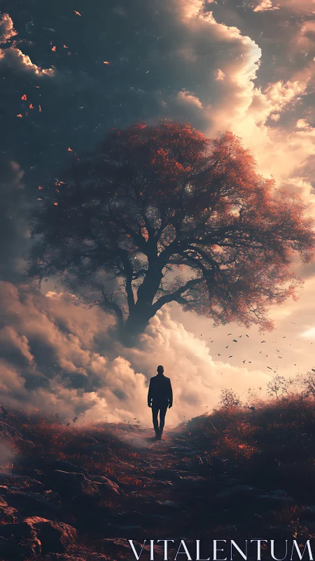 Solitary figure walks toward a luminous tree in swirling clouds.
