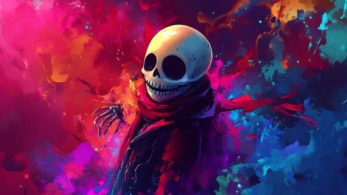 Grinning skull figure in vivid abstract color field.