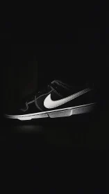 Low‑key lateral view of monochrome athletic sneaker silhouette.