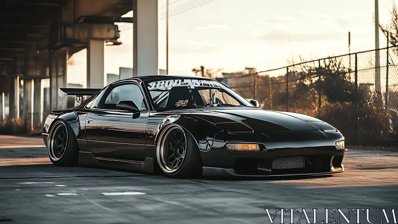 Modified black sports coupe in industrial outdoor setting.