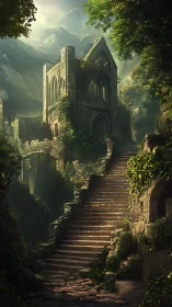 Terraced stone ruin in misted forested mountain basin.