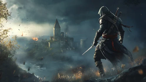 Hooded warrior approaches stormy medieval fortress in ruins.