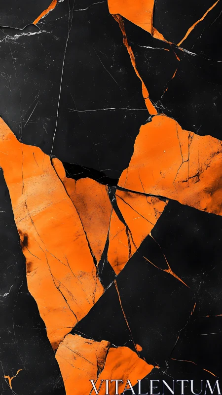 Cracked black surface with angular orange fractured veins.