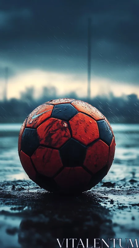 Rain-soaked soccer ball on muddy field under storm sky.