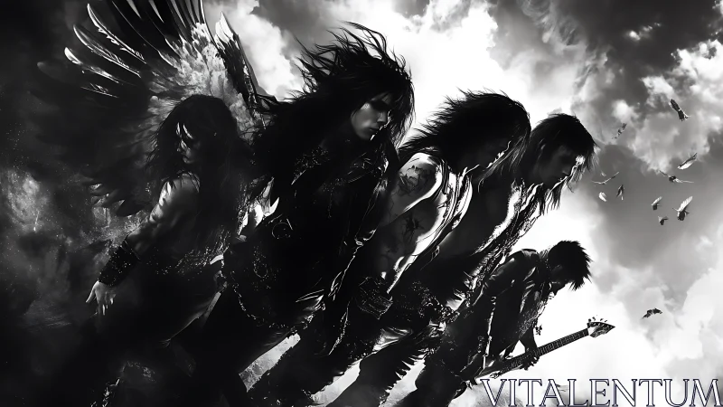 Storm-lit rock band strides forward through dramatic clouds