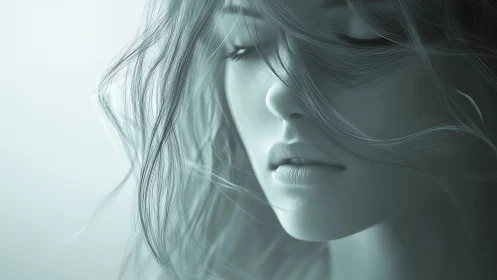 Ethereal female portrait in cool monochrome diffuse light.