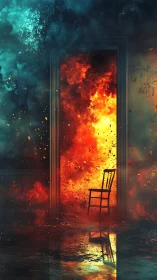 Solitary Chair Confronts Inferno Through Dimensional Doorway