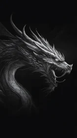 Monochrome dragon head roaring in stark dark profile.