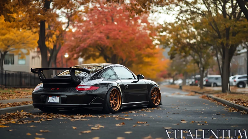 Black sports car rests under vivid autumn street colors