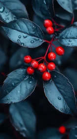 Midnight leaves cradle neon berries in quiet rainlight.
