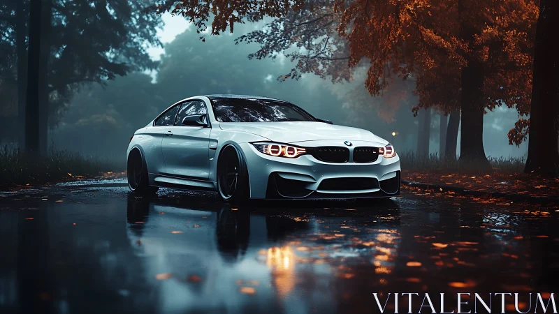 White sports coupe on wet forest road at dusk.