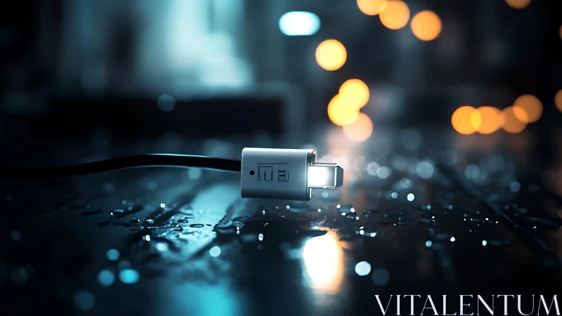 Cinematic macro of USB-C connector on wet reflective surface.