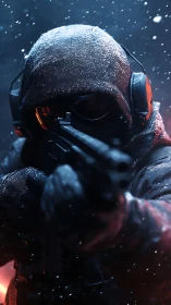 Stormborn marksman steadies a rifle through burning snowfall