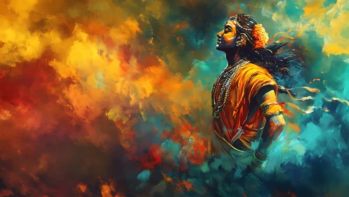 Divine dancer emerging from swirling prismatic clouds.