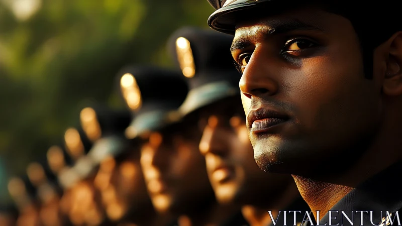 Police officers stand in golden-hour line, resolve intense.