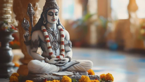 Photorealistic Shiva statue in meditative seated temple composition.
