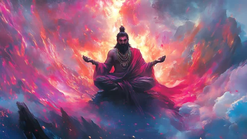 Mythic ascetic levitates amid turbulent chromatic nebula vortex