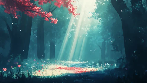 Luminous Forest Cathedral: Mystical Woodland with Crimson Blossoms and Ethereal Light.