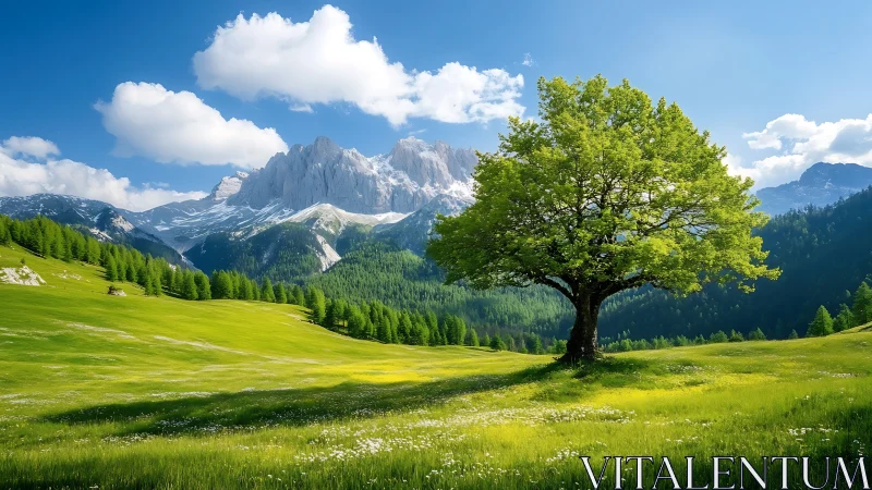Solitary deciduous tree anchors alpine meadow under clear sky