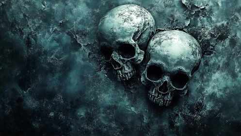 Twin corroded skulls emerge from a weathered teal wall.