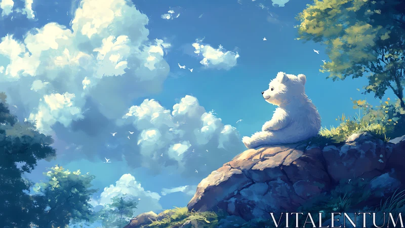 Sunny hillside daydream with a cloud-gazing white bear.