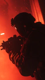 Tactical soldier silhouette holds rifle in red backlight haze