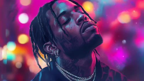 Digital portrait of man with braids under neon city lights.