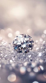 Brilliant round diamond on glittering crystal bed in bokeh light.