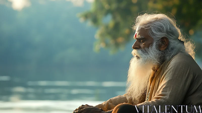 Soft morning contemplation by the riverside elder sage.