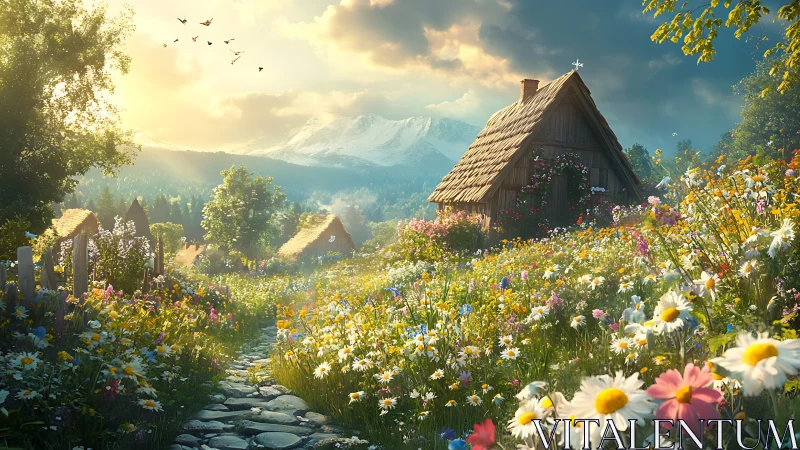 Sunlit alpine cottage in wildflower meadow with mountains.