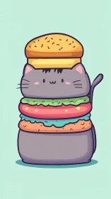 Cute Cat Stacked Burger - Whimsical Food Character Illustration